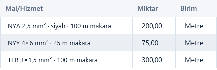 Elektrik / Kablo kurulumunda satis faturasinin program ekranindaki gercek gorunumu